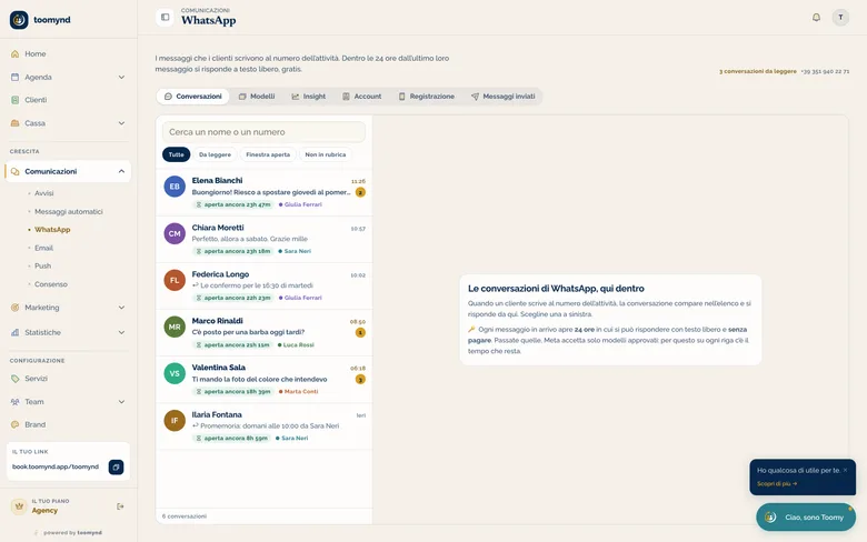 La casella dei messaggi WhatsApp dentro Toomynd, con chi ha scritto e quanto tempo resta per rispondere