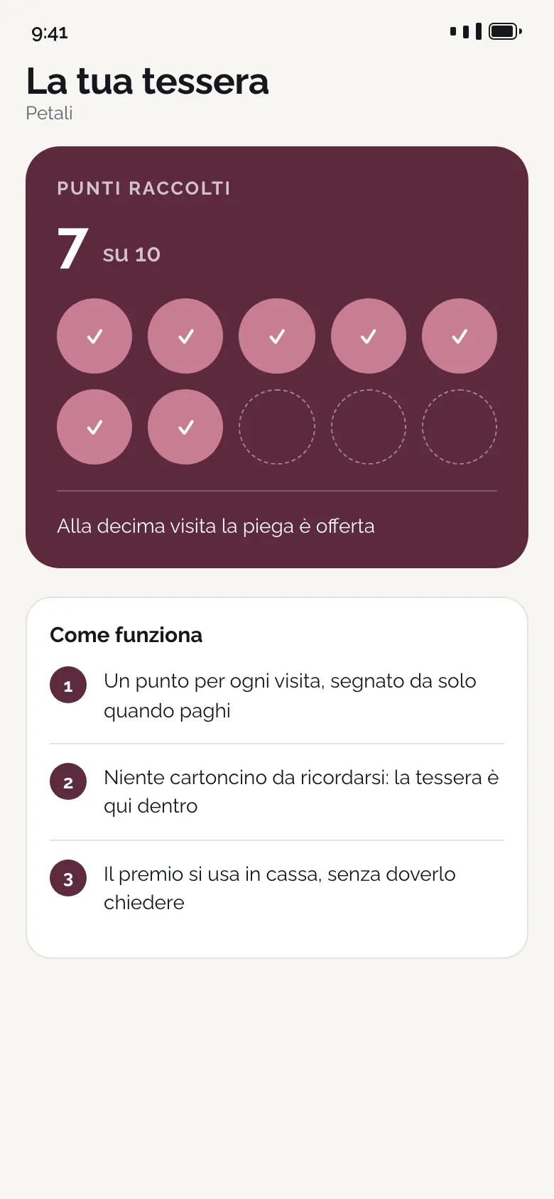 La tessera a punti dentro l’app, con sette bolli su dieci e il premio alla decima visita
