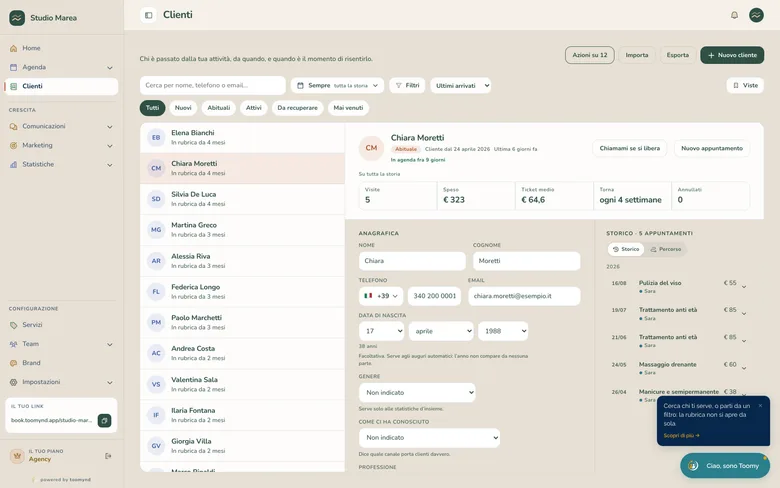 La scheda di un cliente in Toomynd: visite, spesa, ogni quanto torna e lo storico degli appuntamenti